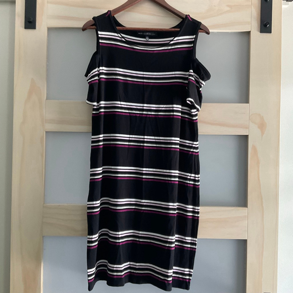 White House Black Market Cold Shoulder Striped Shift Dress Black Pink Size M - Picture 1 of 5
